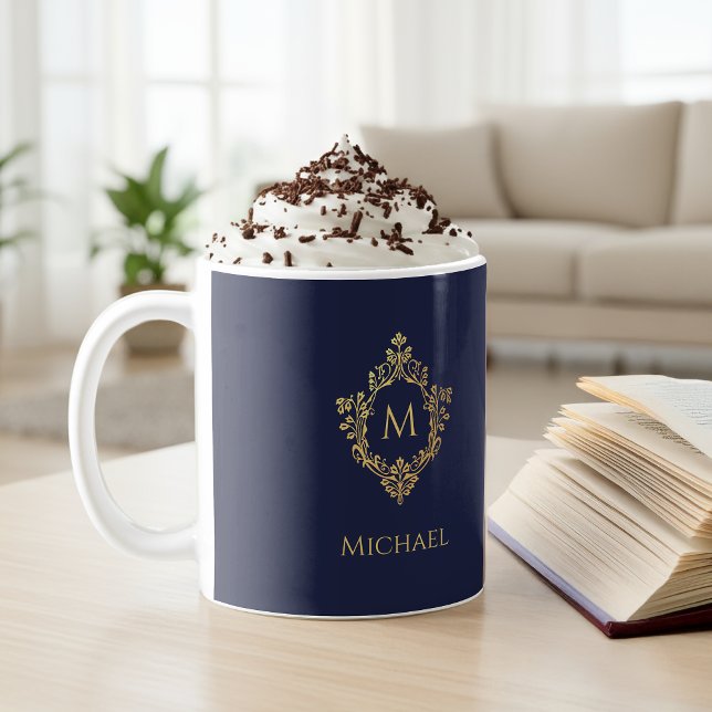 Caneca De Café Monograma Marinho Azul Elegante Dourado Elegante N (Criador carregado)