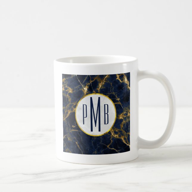Caneca De Café Monograma marinho Na moda Azul e Dourado Marble Mo (Direita)