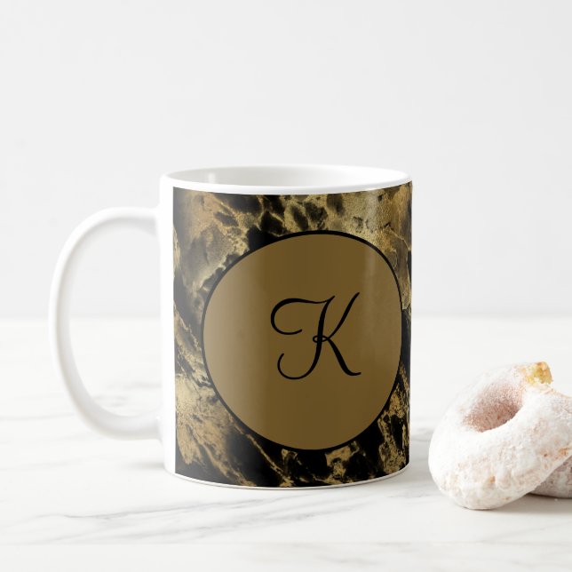 Caneca De Café Monograma Mármore Ágata Preto Dourado Moderno Tend (Com Donut)