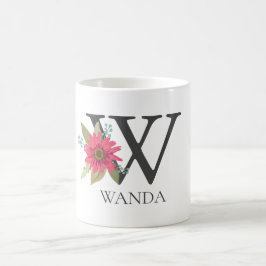 Caneca De Café Monograma Modern Floral Personalizável Letra W