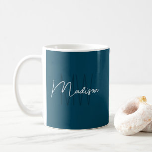 Caneca De Café Monograma Modernista Minimalista Azul Nome Rascunh