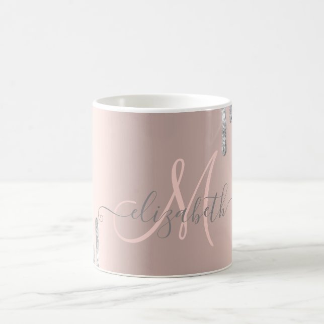 Caneca De Café Monograma moderno com brilho prateado e pingos em  (Centro)