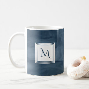 Caneca De Café Monograma Moderno de Mármores Azuis Simples e Mar