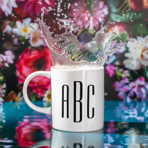 Caneca De Café Monograma Moderno de Três Letras Preto