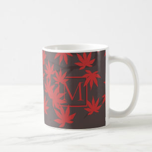 Caneca De Café Monograma Moderno Folha de Bordo Vermelha Cinza