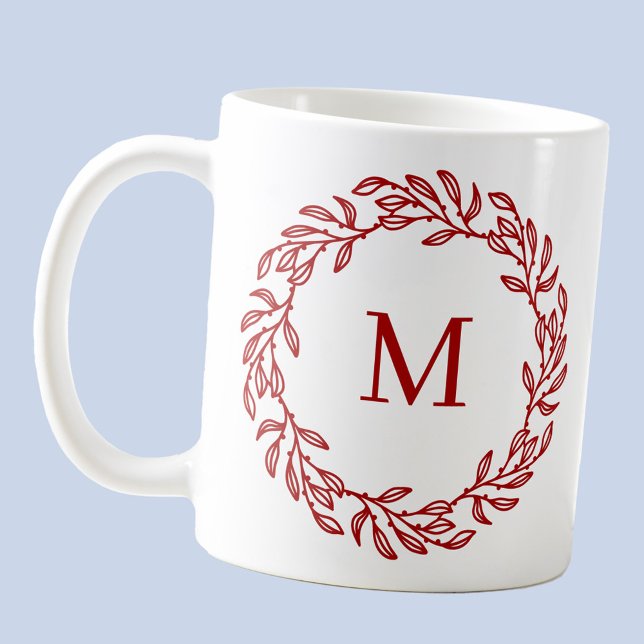 Caneca De Café Monograma Moderno Folha Vermelha Inicial e Ferro B (Modern monogram initial red and white leafy botanical wreath coffee mug)