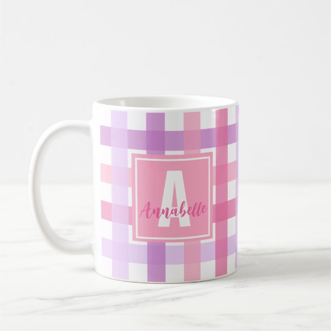 Caneca De Café Monograma Moderno Gingham de Pastel Púrpura Rosa (Esquerda)