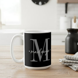 Caneca De Café Monograma Moderno Minimalista Preto Branco