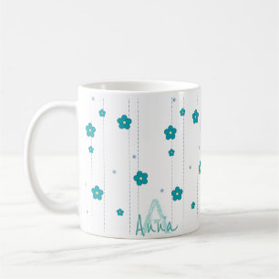 Caneca De Café Monograma Moderno Nome Design de Flor Azul Coffee 