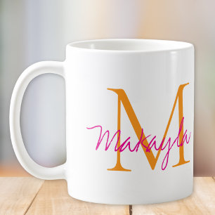 Caneca De Café Monograma Moderno Nome em Script Rosa