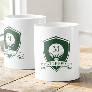Caneca De Café Monograma Moderno para Nome em Bola de Golfe Verde
