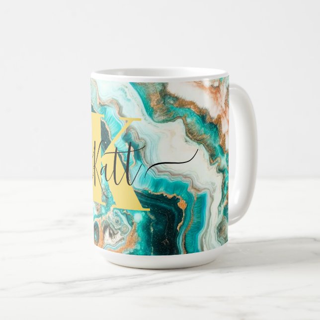 Caneca De Café Monograma Moderno Personalizado de Ouro Aqua Agate (Frente Esquerda)