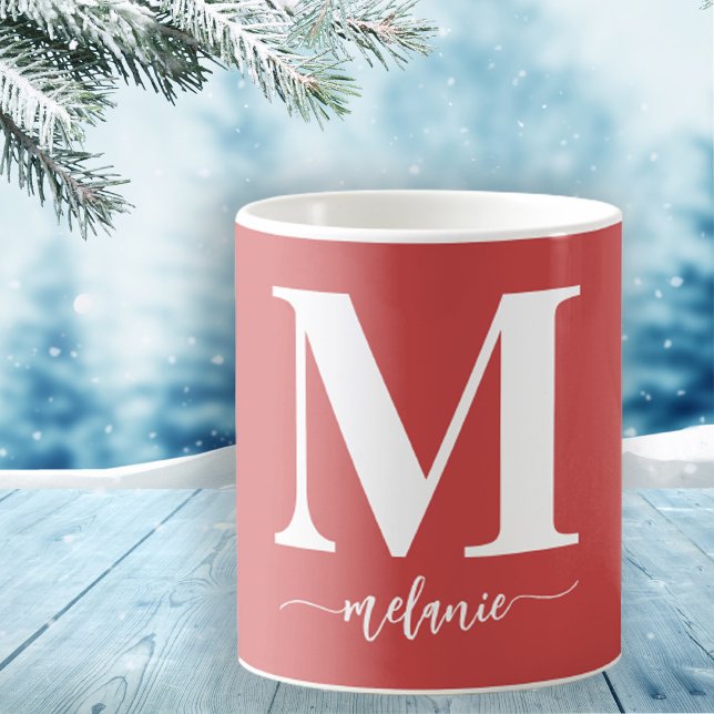 Caneca De Café Monograma Moderno Simples Molho Branco (Personalize with Your Monogram Initial & Name in Stylish Hand Lettered Script)