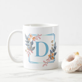 Caneca De Café Monograma Mu Pessoal em Quadrado Azul com Borda Fl