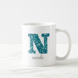 Caneca De Café Monograma N Personalizado com Brilho Turquesa