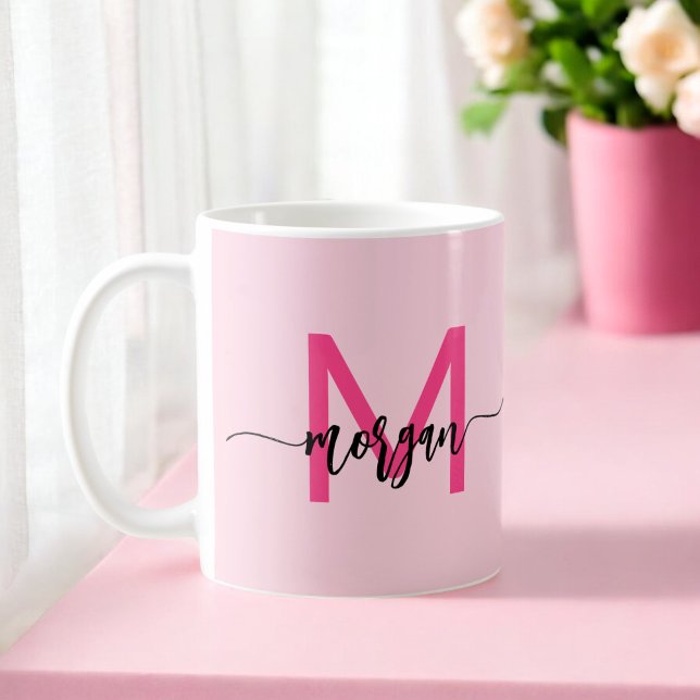 Caneca De Café Monograma Na moda Moderno Rosa Quente (Criador carregado)