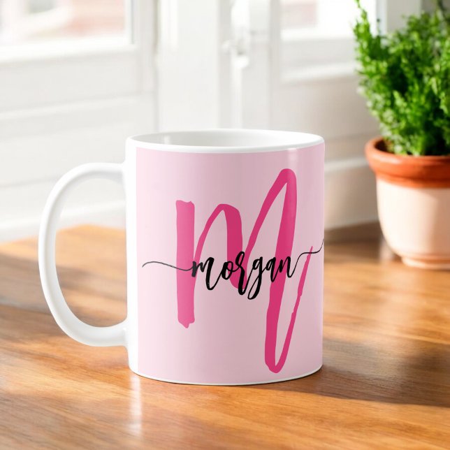 Caneca De Café Monograma Na moda Moderno Rosa Quente (Criador carregado)