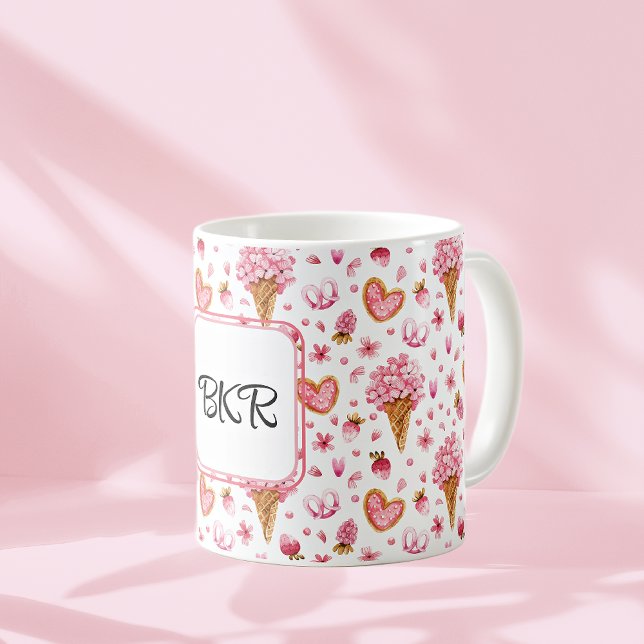 Caneca De Café Monograma, Namorados doce e Hydrangea Padrão 11oz (Criador carregado)