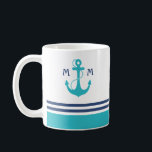 Caneca De Café Monograma Náutico Azul Claro<br><div class="desc">Listras náuticas azuis-marinhos e azuis-do-céu com âncora e monograma.</div>