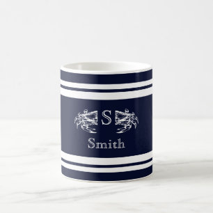 Caneca De Café Monograma Náutico Elegante Azul Branco Caranguejo