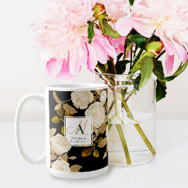 Caneca De Café Monograma negro Dourado Elegante Rosa