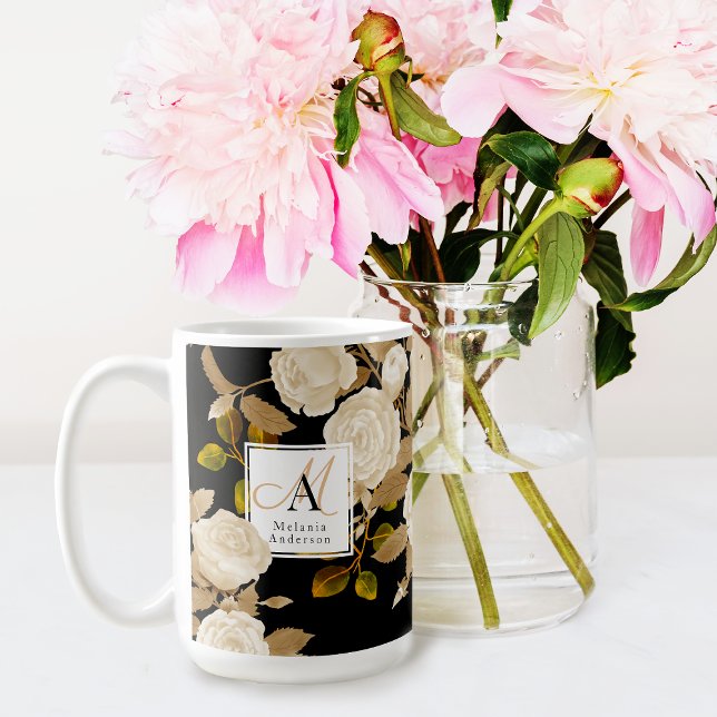 Caneca De Café Monograma negro Dourado Elegante Rosa (Chic Elegant Design Mug For Some One Special. )