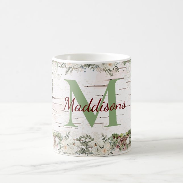 Caneca De Café Monograma Nome da Woodland White Rose Pinecone (Centro)