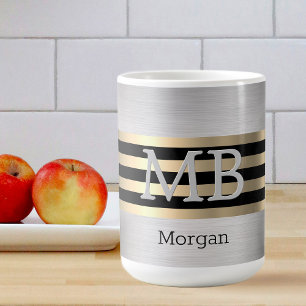 Caneca De Café Monograma & Nome DIY, Aço Escovado Preto Dourado A