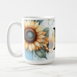 Caneca De Café Monograma nome floral girassol pastel aquarela 