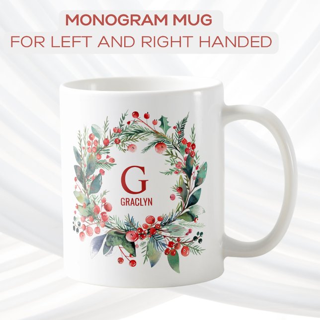 Caneca De Café Monograma Nome Greenery de Natal (Criador carregado)