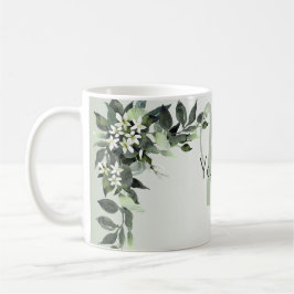 Caneca De Café Monograma Nome Greenery Folhas Florais de Eucalypt