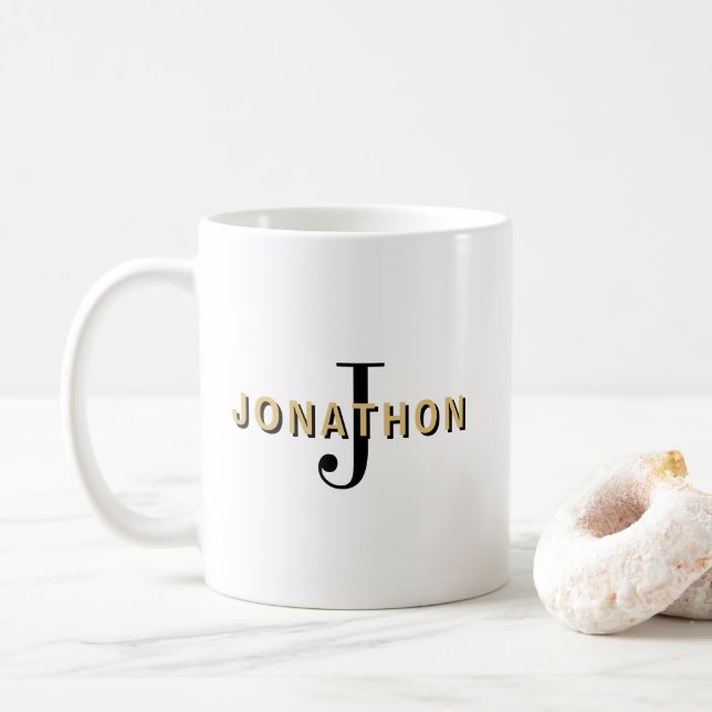 Caneca De Café Monograma Nome inicial Texto masculino Preto Doura (Com Donut)