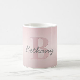 Caneca De Café Monograma & Nome Personalizado Rosa Fofo e Script