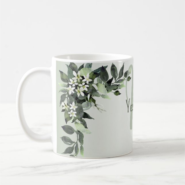 Caneca De Café Monograma Nome Verde Floral Folhas de Eucalipto (Esquerda)