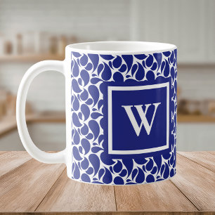 Caneca De Café Monograma Paisley Minimalista Moderno Azul e Branc