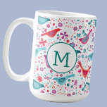 Caneca De Café Monograma - Pássaro Floral Watercolor<br><div class="desc">Bonito mão pintada de pássaro e design de flor selvagem em tons brilhantes de verde rosa,  laranja,  roxo e lacre. Perfeito para pássaros,  ornitólogos,  jardineiros e amantes da natureza. Alterar o monograma moderno para personalizar</div>