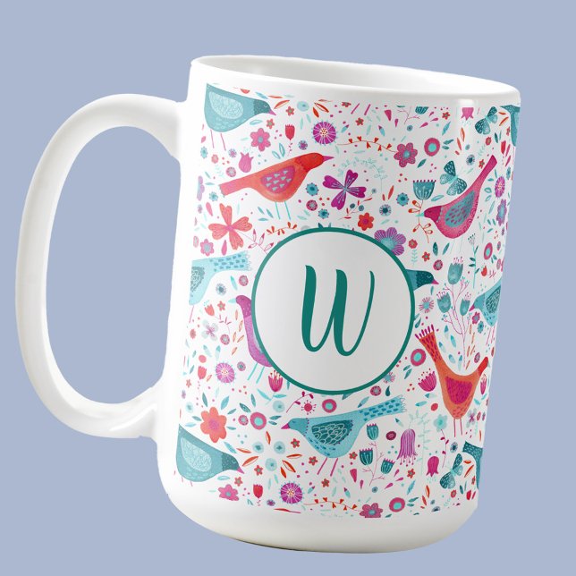 Caneca De Café Monograma - Pássaro Floral Watercolor (Monogram initial modern watercolor bird and floral pattern mug)