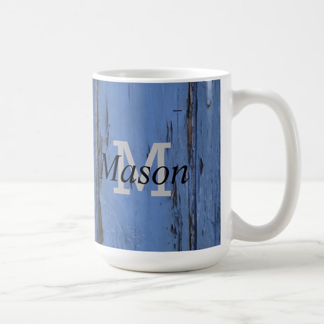Caneca De Café Monograma Personalizado Azul Russo Bonito (Direita)