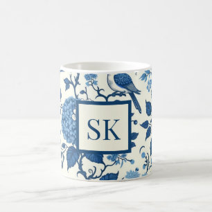 Caneca De Café Monograma Personalizado Chinoiserie Azul e Branco
