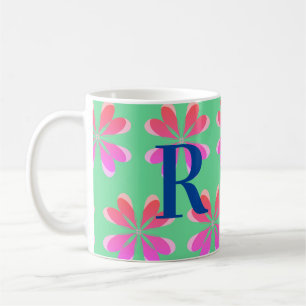 Caneca De Café Monograma personalizado, cor-de-rosa verde floral
