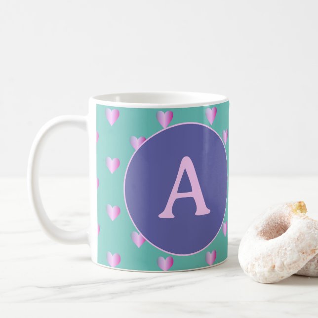 Caneca De Café Monograma Personalizado Corações Lilac Teal (Com Donut)
