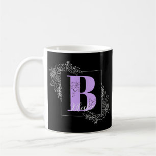 Caneca De Café Monograma Personalizado de Borboleta Floral Roxa -