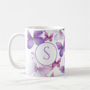 Caneca De Café Monograma Personalizado de Borboletas Rosa e Púrpu