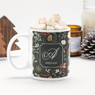 Caneca De Café Monograma Personalizado de Botânica Vintage no Nat