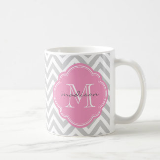 Caneca De Café Monograma Personalizado de cinza e Gavão Rosa