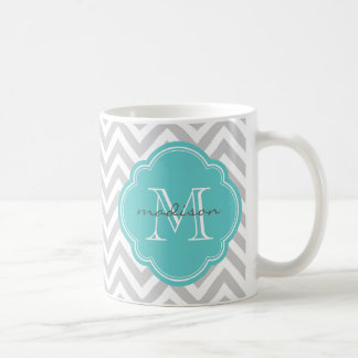 Caneca De Café Monograma Personalizado de cinza e Turquesa Chevro