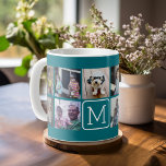 Caneca De Café Monograma Personalizado de Colagem de Fotos do Ins<br><div class="desc">Teal Blue e White - Use 11 fotos quadradas para criar um presente exclusivo e pessoal. Ou você pode ficar com o filhote hipster e fazer uma moda. Se precisar ajustar as fotos,  clique na ferramenta personalizar para fazer alterações.</div>