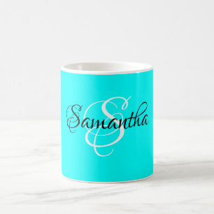 Caneca De Café Monograma Personalizado de Cor Aqua do Script de R