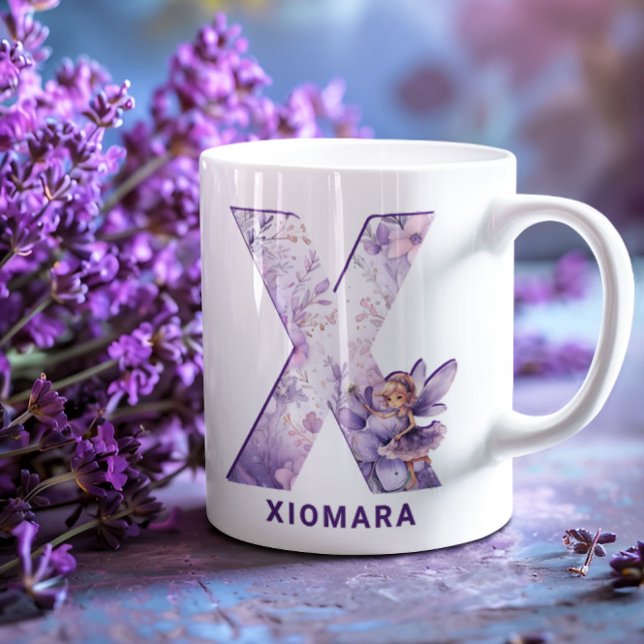 Caneca De Café Monograma Personalizado de Fada Lilaca X (Personalized Lilac Fairy Monogram X Coffee Mug)