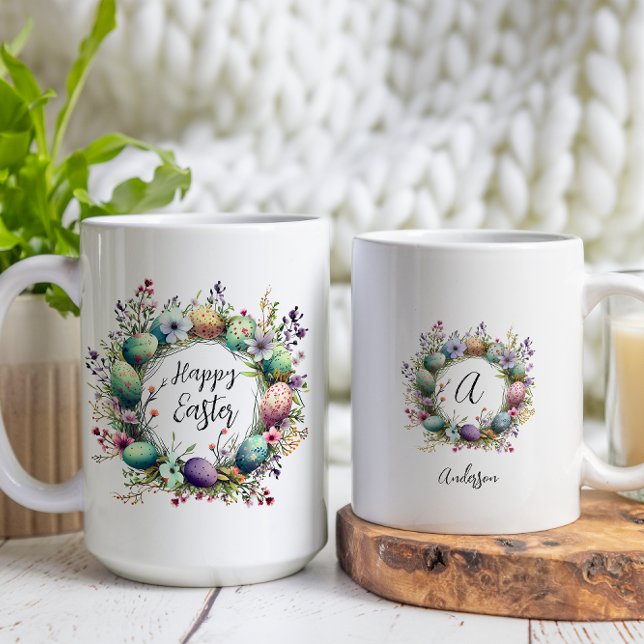 Caneca De Café Monograma Personalizado de Fita Floral de Ovo felz (Criador carregado)